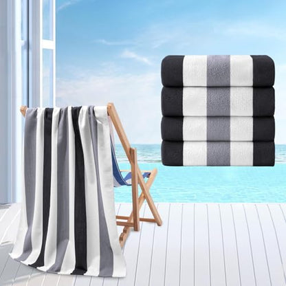 Beach Towel Set-4 Pack 30"x60" Sand Free Stripe Beach Towel for Pool,Bathroom,Soft Absorbent Quick Dry Lightweight Beach Bath Towel,Camping Blanket,Travel Towel,Beach Essentials for Adults,Grey/Black - color: Grey/Black