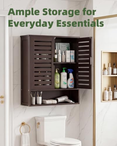 SMIBUY Bathroom Cabinet Wall Mounted, Bamboo Over-The-Toilet Storage Organizer, Space Saver Medicine Cabinet with 2 Door and Adjustable Shelves (Dark Brown) - color: Brown