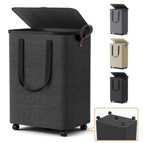 Laundry Basket with 5 Wheels, Tall Dirty Laundry Hamper, Rolling Laundry Basket with Lid, Collapsible Clothes Hamper for Bathroom Bedroom Dorm Laundry Room, Deep Gray, 75L - color: Deep Gray, size: 75L