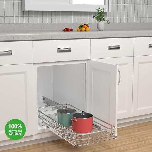 Pull Out Shelves For Kitchen Cabinets 11" W x 21" D, Chrome | Heavy-Gauge Wire Kitchen Cabinet Organizer, 100 lbs Capacity, Ball-Bearing Glides, Min 12" Opening, Under Sink Organizer - size: 11.7" W x 21" D