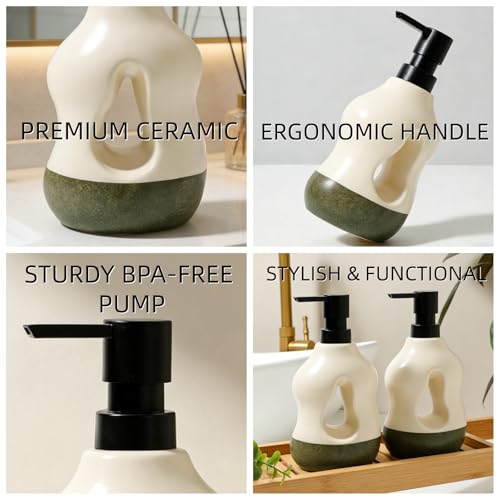 BosilunLife Ceramic Soap Dispenser - Soap Pump Dispenser Bathroom Kitchen Modern Farmhouse Elegant Refillable Soap Dispenser Lotion Hand Pump Dispenser for Kitchen Sink (Beige with Sage Base, 15oz) - color: Beige With Sage Base