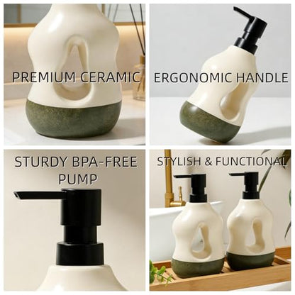 BosilunLife Ceramic Soap Dispenser - Soap Pump Dispenser Bathroom Kitchen Modern Farmhouse Elegant Refillable Soap Dispenser Lotion Hand Pump Dispenser for Kitchen Sink (Beige with Sage Base, 15oz) - color: Beige With Sage Base