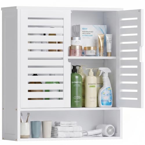 SMIBUY Bathroom Cabinet Wall Mounted, Bamboo Over-The-Toilet Storage Organizer, Space Saver Medicine Cabinet with 2 Door and Adjustable Shelves (White) - color: White