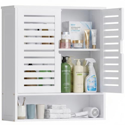 SMIBUY Bathroom Cabinet Wall Mounted, Bamboo Over-The-Toilet Storage Organizer, Space Saver Medicine Cabinet with 2 Door and Adjustable Shelves (White) - color: White