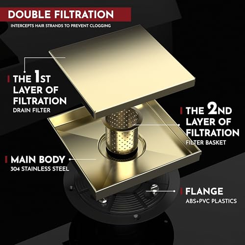 6 Inch Square Shower Drain Gold Floor Drain with Flange Reversible 2-in-1 Cover Tile Insert Grate Removable SUS304 Stainless Steel CUPC Certified Brushed Gold - color: Brushed Gold, size: 6 Inch