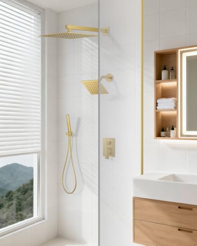 Rain Shower System 12" & 6" Dual Shower Heads, Wall Mount Shower Faucet Set | Ideal for bathroom remodels and upgrades with 12" rain shower, 6" angled shower, handheld spray and complete valve kit. - color: Brushed Gold, size: Wall Mounted - 12"+6" Shower