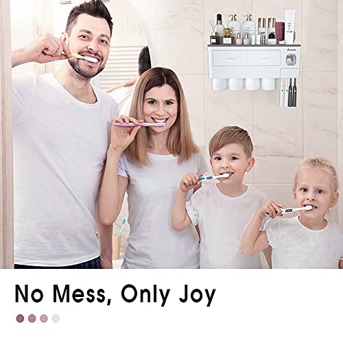iHave Toothbrush Holders Wall Mounted with Toothpaste Dispenser & 4 Cups | All-in-One Bathroom Organizer: 4 Cups, 7 Slots, Toothpaste Dispenser, Large Tray & Drawer. Wall Mount, No Drilling Required - color: White, size: 4 cup