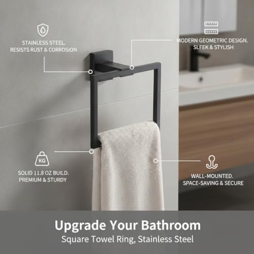 Homeowners Square Towel Ring, Stainless Steel Wall Mount Hand Towel Holder for Bathroom Vanity - color: Black