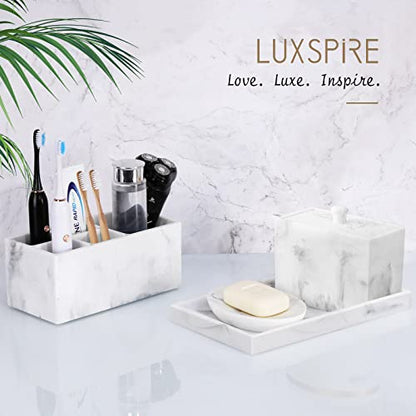 Luxspire Resin Bathroom Vanity Tray Countertop Organizer, M, Marble White | 10 x 6 inch, non-slip waterproof resin, easy wipe clean, fits bath kitchen vanity, holds jewelry toiletries soap - color: Marble White, size: M