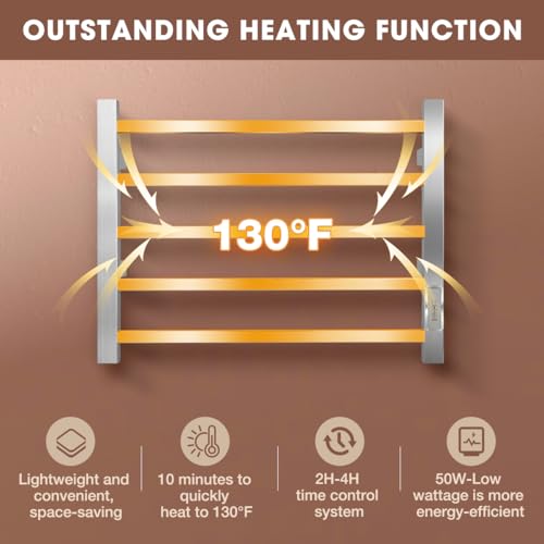 5 Bar Towel Warmer Rack, Heated Towel Racks for Bathroom, Brushed Nickel | Built-in 2H/4H Timer, Easy 5-Min Install, IPX4 Waterproof Stainless Steel, Plug-in, Fast Heating for Bathroom Spa Gym