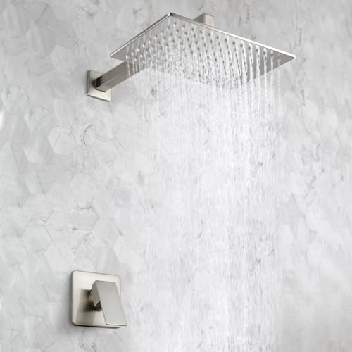 Shower Faucet Set with Rainfall 12 Inch Shower Head, Wall Mounted Bathroom Shower System Brushed Nickel, Single Function Shower Trim Kit with Valve - color: Brushed Nickel, size: 12 Inch (Wall Mount)