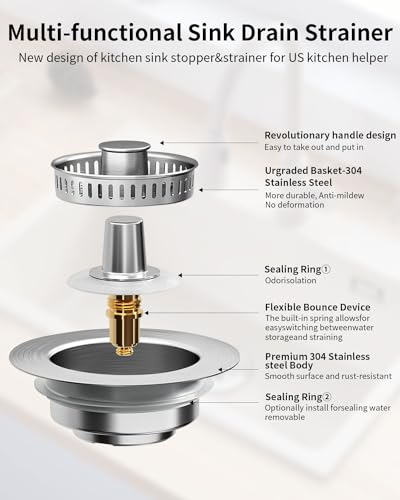 3 in 1 Kitchen Sink Drain Strainer [304 Stainless Steel Pop Up] Anti-Clogging Kitchen Sink Drain Stopper Stainless Steel Efficiently Drainage Odor Filter Sink Plug for Us Standard 3-1/2 Inch - style: SUS304 Drain Strainer-1Pack