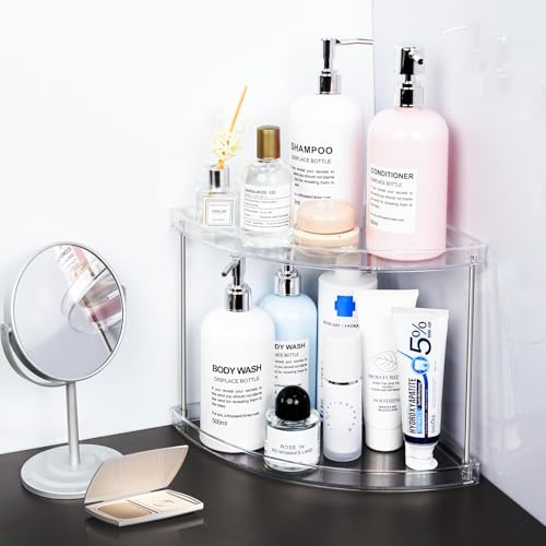 2 Tier Corner Bathroom Organizer, Clear Bathroom Counter Shelf for Vanity Countertop, Kitchen, Sink Storage, Tiered Skincare Organizer for Makeup, Perfume, Beauty Supplies (Triangular)