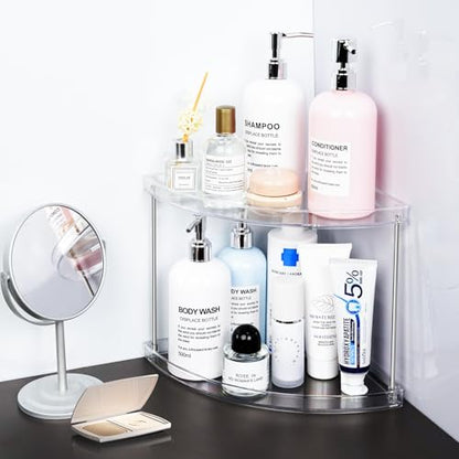 2 Tier Corner Bathroom Organizer, Clear Bathroom Counter Shelf for Vanity Countertop, Kitchen, Sink Storage, Tiered Skincare Organizer for Makeup, Perfume, Beauty Supplies (Triangular)