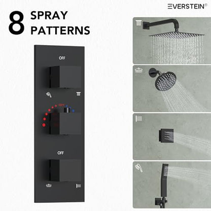 Wall Mount 12" High-Pressure Rainfall Shower Faucet, Dual Rainfall Shower Head System with 6 Body Jets (Matte Black) | Wall Mount, High-Pressure, Dual Rainfall Shower Head System, 6 Body Jets - color: Matte Black