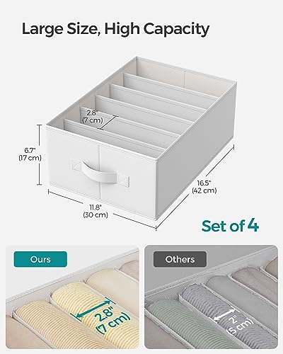 SONGMICS Set of 4 Large Size Wardrobe Clothes Organizers, 6-Compartment Foldable Drawer Organizers with Handles, 16.5 x 11.8 x 6.7 Inches, for Pants, Sweaters, Jeans, Cloud White URUS009W04 | 6-Compartment Foldable Drawer Organizers with Handles, 16.5 x 1