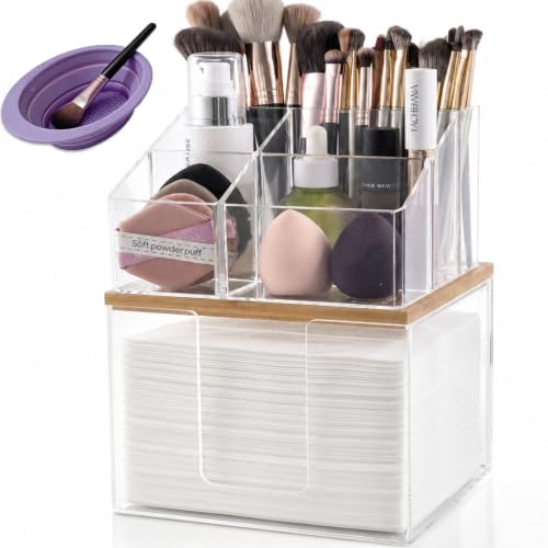 Disposable Facial Towel Holder and Cosmetic Organizer with Foldable Bowl, Clear Storage Compatible with Clean Skin Club Towel XL, Stackable Vanity Organizer for Bathroom Vanity Counter