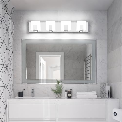 SOLFART Bathroom Vanity Light Chrome Stainless Steel Acrylic LED Bathroom Light Fixtures Over Mirror 4 Lights ND - color: Chrome,Spotlight Model-6000K,100% Brightness, size: 4- Light,27Inch