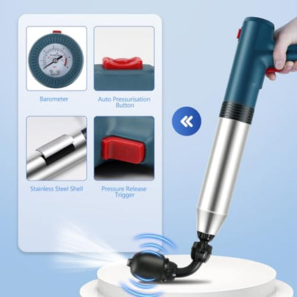 Electric Toilet Plunger High Pressure Electric Air Drain Blaster Gun with Visual Barometer，Air Power Plunger for Bathroom,Kitchen Bathtub Toilet Floor Drain Clog Remover-Blue - color: Blue