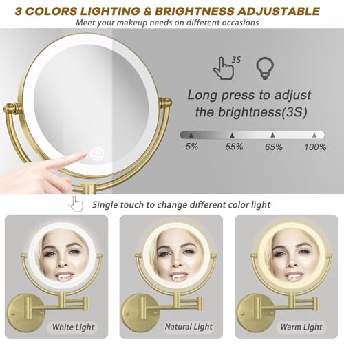 8 Inches Brass Lighted Makeup Mirror Wall Mounted with Magnification 1X/10x | Double Sided 3 Color LED Touch Dimming, 360 Swivel Extended Arm Shaving Vanity for Bathroom, Hardwired, Satin Brushed Gold - color: Satin Brushed Gold
