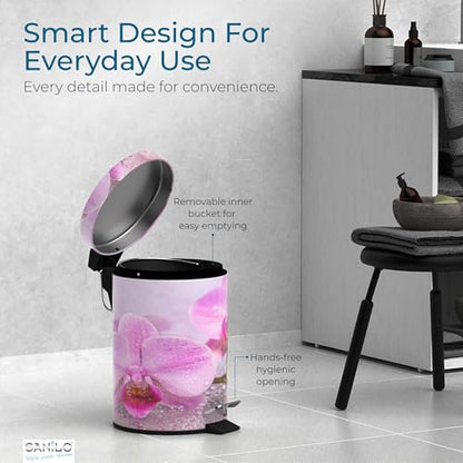 Sanilo Small Bathroom Trash Can with Lid [1.3 Gallon] - Lidded Tiny Trashcan for Garbage - Mini Metal Bin with Soft Closing Mechanism - Bath Room Accessoire Wastebin with Inner Bucket (Blooming) - color: Blooming