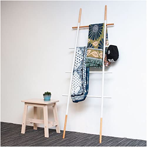 Freestanding Towel Ladder Rack, Space Saving, No-Scratch Wood, for Household Use, White - color: White