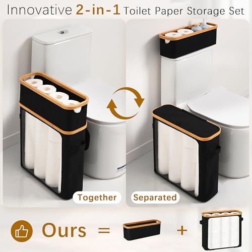 Livole Toilet Paper Storage Basket with Lid & Toilet Tank Basket | Free Standing, Large Capacity for 20 Regular Rolls or 15 Mega Rolls, Dual Handles, Clear Side Window, Bathroom, Black - color: Black