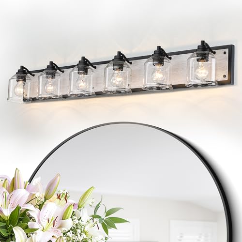 6-Light Bathroom Vanity Lights Large 40"with Bubble Glass Shade,Gray | Farmhouse Rustic style, Metal base with hand-painted wood grain, E26 Ceramic Base, UL&ETL Listed, mount up/down, over mirror - color: Gray, size: 6-Light