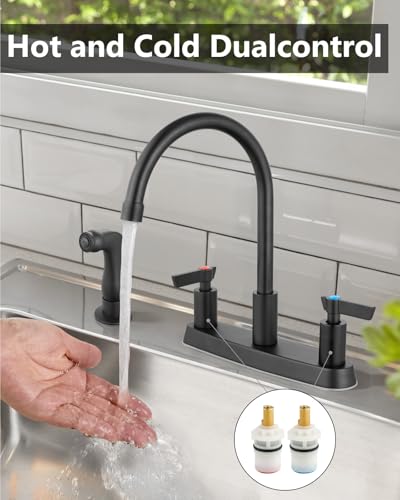 Kitchen Faucet with Side Sprayer, 8 Inch Centerset 4-Hole Black | Lead-Free 4-Hole High Arc Kitchen Sink Faucet, 1.8 GPM, 360° Spout - color: Black