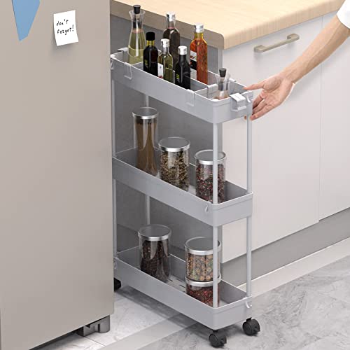Slim Storage Cart 3 Tier,Bathroom Organizer Rolling Utility,Mobile Shelving Unit Slide Out for Office, Kitchen, Laundry Room & Narrow Places,Gray - color: Grey