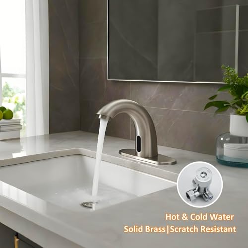 Touchless Bathroom Sink Faucet - Automatic Motion Sensor Restroom Toilet Faucet - Battery Operated for Commercial Lavatory, Brushed Nickel - color: Brushed Nickel