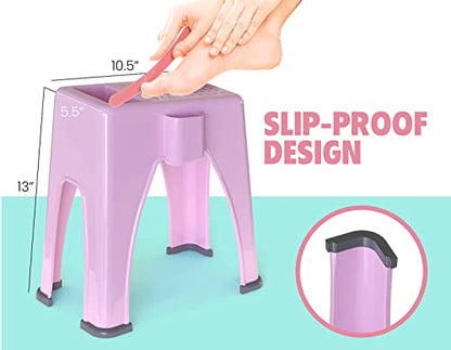 Skywin Extra Tall Shower Foot Rest with 3 Pockets to Hold Shaving Essentials 10 x 7.8 x 13 Inches - Extra Heighted Plastic Pedicure Foot Rest - Shower Stool for Shaving Legs (Pink) - color: Pink
