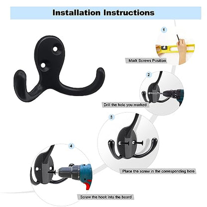 Kruodop 4 Pack Wall Hooks Wall Mounted Coat Hooks for Hanging Heavy Duty, Black Towel Hooks, Metal Double Coat Hanger with Screws Cup Retro for Coats, Handbags, Towels, Hat - color: black4pcs
