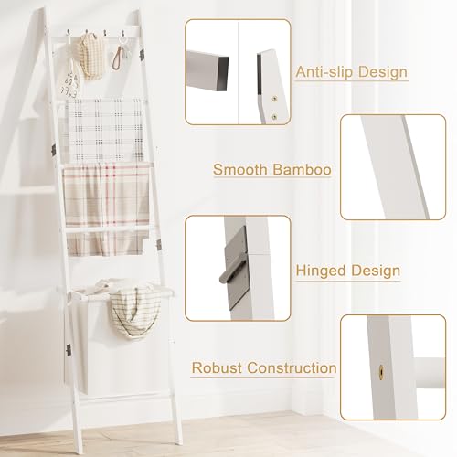 BAMBANG Bamboo Blanket Ladder with Basket, 5-Tier Quilt Rack Stand with 4 Hooks & Storage Hamper for Living Room Bathroom, Wall Leaning Decorative Ladder Shelf for Blankets Display (White)