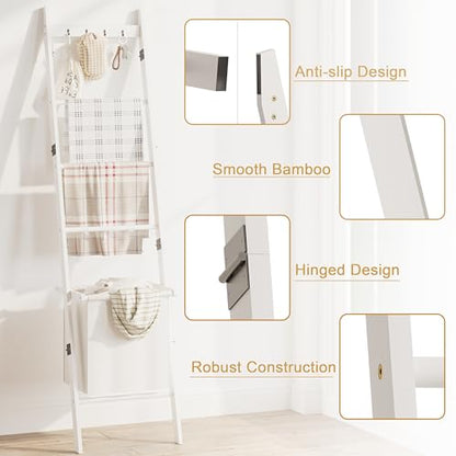 BAMBANG Bamboo Blanket Ladder with Basket, 5-Tier Quilt Rack Stand with 4 Hooks & Storage Hamper for Living Room Bathroom, Wall Leaning Decorative Ladder Shelf for Blankets Display (White)