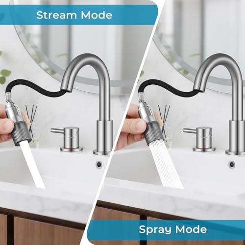 8 Inch 3 Hole Brushed Nickle Pull Down Bathroom Sink Faucet | Stainless Steel,Two Water Flow Modes,Brushed Nickle,3 hole Widespread,Pop-up Drain,Water Supply Hoses,Pull Down Sprayer, - color: A-Brushed Nickel