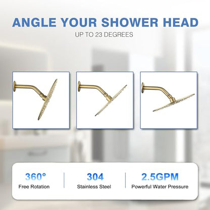 Solid Metal Rain Shower Head, Round High Flow Rainfall Shower Head with Shower Arm and Flange, Reinforced Explosion-Proof Stainless Steel Construction (10-Inch, Brushed Gold) - color: Brushed Gold, size: 10 Inch