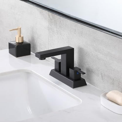 Friho Matte Black Bathroom Sink Faucet, 4 inch Bathroom Faucets for Sink 3 Hole with Water Hoses and Pop up Drain，Stainless Steel 2-Handle Centerset Bathroom Faucet for Vanity RV Restroom, FR2DST201B - color: Black