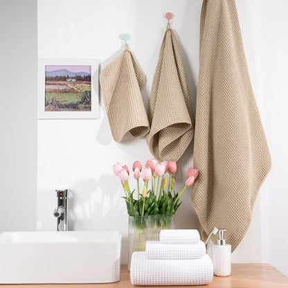 POLYTE 430 GSM Poly Blend Microfiber Quick Dry Waffle Bath Towel Set of 6 | 2-Body Towels, 2-Hand Towels, 2-Wash cloths, Oversize, Lint Free - color: White,beige