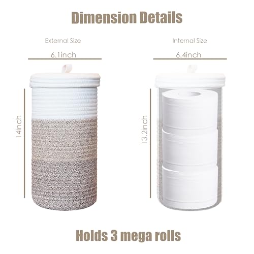 Toilet Paper Holder Handmade – Woven Cotton Toilet Paper Stand & Storage Basket with Lid, Freestanding Organizer for Bathroom, Fits 3 Mega Rolls Gradient Brown 14'' x 7'' - color: Gradient Brown