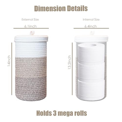 Toilet Paper Holder Handmade – Woven Cotton Toilet Paper Stand & Storage Basket with Lid, Freestanding Organizer for Bathroom, Fits 3 Mega Rolls Gradient Brown 14'' x 7'' - color: Gradient Brown
