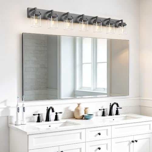 Matte Black Bathroom Light Fixtures, Modern Vanity Lights with Clear Glass Lamp Shade, Bathroom Lighting Fixtures Over Mirror, Restroom Vanity Lighting Fixture, 7-Light 52 Inch - color: Blakc, size: 7-Light