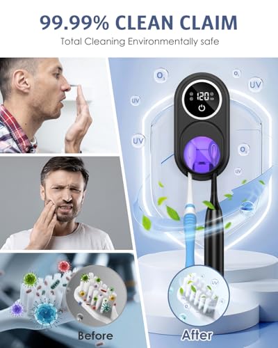 Toothbrush Sanitizer Holder, Upgraded UV Toothbrush Holder with Dual-Mode Clean & Fan Dry, LED Smart Screen, Auto-Inductive Cover, Toothbrush Wall Mounted Cleaner Organizer for Bathroom, Trip - color: Black