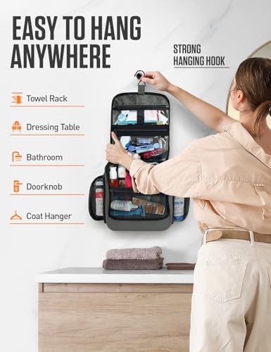 VENTURE 4TH Hanging Travel Toiletry Bag, 18 Compartments - Shadow Gray | Hangs on rails, hooks or doors; stands upright. Removable TSA pouch. Water-resistant Nylon 290D Twill, reinforced stitching. - color: Shadow Gray