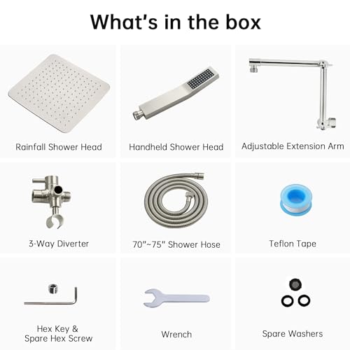 G-Promise All Metal 12 Inches Rainfall Shower Head with Handheld Combo | All Metal, Built to Last, Easy Install, Adjustable Height & Angle for All Heights, Extra Long Hose, Modern Upgrade - color: Brushed Nickel, size: 12 Inches