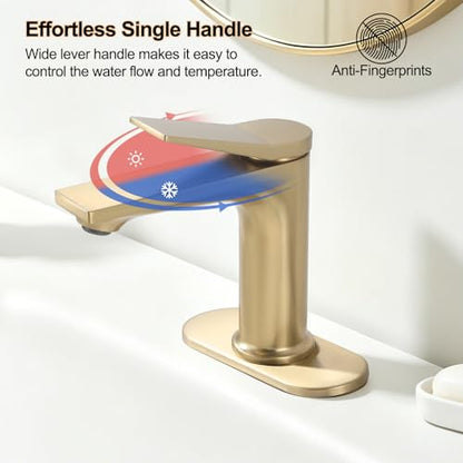 Rbrohant Single Hole Bathroom Faucet, Brushed Gold Single Handle Bathroom Sink Faucets for 1 Hole or 3 Hole, Bathroom Vanity Faucet with Pop up Drain and Cover Plate, Deck Mount, R2001-BGP - color: Brushed Gold, style: With Escutcheon