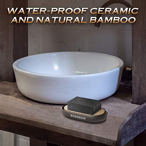 Bossman Soap Dish - Bathroom and Shower Soap Bar Holder - Premium Ceramic Base - Removable Natural Bamboo Soap Tray (Black) - color: Black