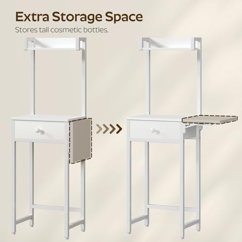 Small Vanity Desk Without Mirror, Makeup Vanity Table for Small Space, Compact White Dressing Table with Fold-up Panel and Fabric Drawer, for Bedroom, Easy Assembly, White