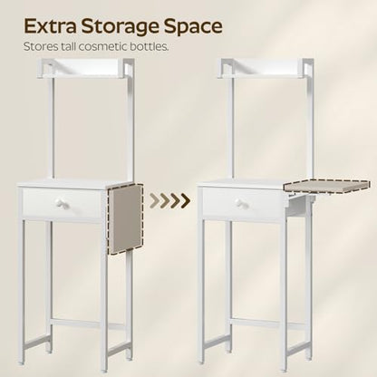 Small Vanity Desk Without Mirror, Makeup Vanity Table for Small Space, Compact White Dressing Table with Fold-up Panel and Fabric Drawer, for Bedroom, Easy Assembly, White