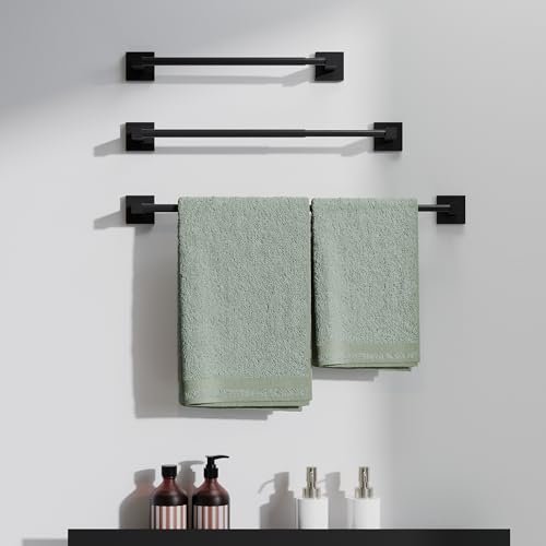 RUACQ Adjustable Towel Bar, Towel Racks for Bathroom Wall Mounted, Black | Adjust 13.8 to 24 inch Single Towel Rod, Bath Towel Holder, 304 Stainless Steel, Rustproof, Square Base, Heavy Duty, Modern - color: Matte Black, size: 13.8-24 inch(Center to Cente